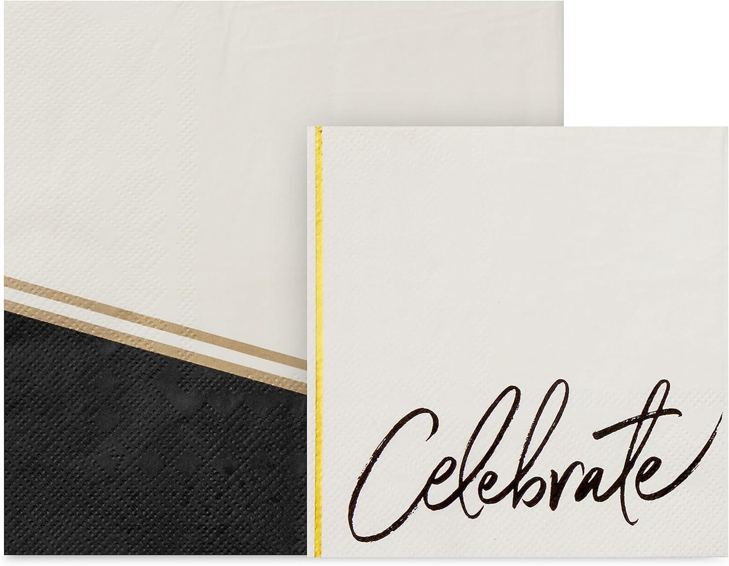 imageHallmark Black and Gold Party Supplies 16 Round Dinner Plates 16 Round Dessert Plates 16 Beverage Napkins 16 Dinner Napkins for Weddings Graduations EngagementsChic Black Ivory Gold