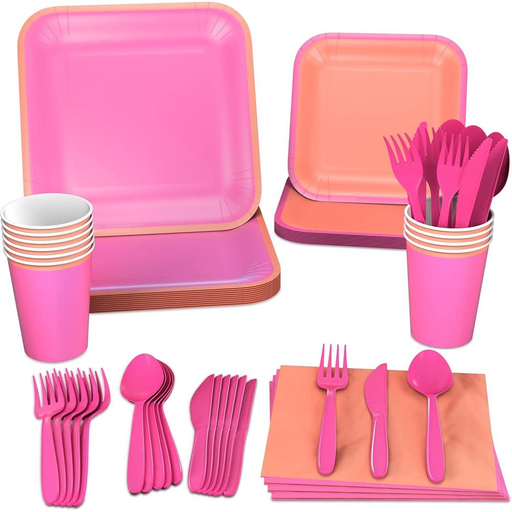 imageCrayola Color Pop Yellow and Orange Party Supplies 12 Dinner Plates 12 Dessert Plates 12 Paper Cups 24 Napkins 12 Sets of Plastic Cutlery for Birthdays Back to School HalloweenMelon Orange  Tickle Me Pink
