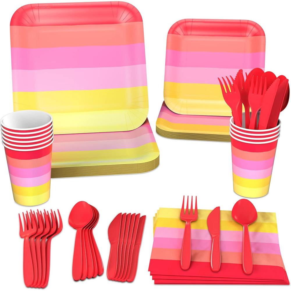 imageCrayola Color Pop Yellow and Orange Party Supplies 12 Dinner Plates 12 Dessert Plates 12 Paper Cups 24 Napkins 12 Sets of Plastic Cutlery for Birthdays Back to School HalloweenScarlet Red  Tickle Me Pink  Melon  Golden Rod
