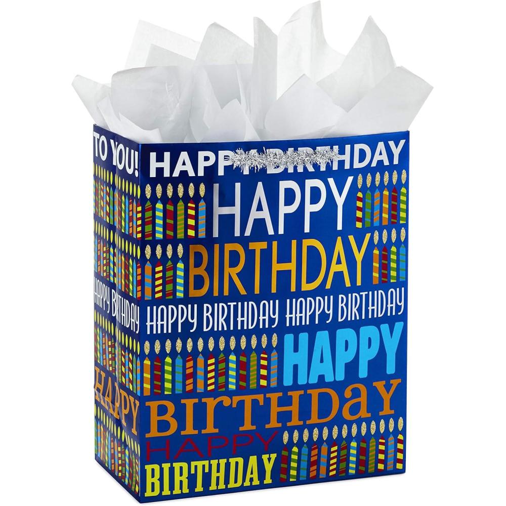 imageHallmark 13quot Large Gift Bag with Tissue Paper Bright Cake for Birthdays Parties and MoreBlue Happy Birthday