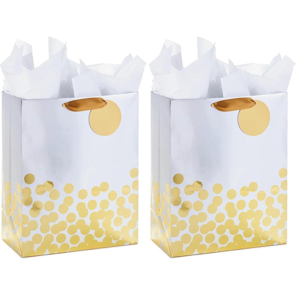 imageHallmark 17quot Extra Large Gift Bag with Tissue Paper White with Gold Polka Dots for Christmas Hanukkah Weddings Engagements Bridal Showers Graduations Retirements Birthdays Valentines DayLarge Pack of 2