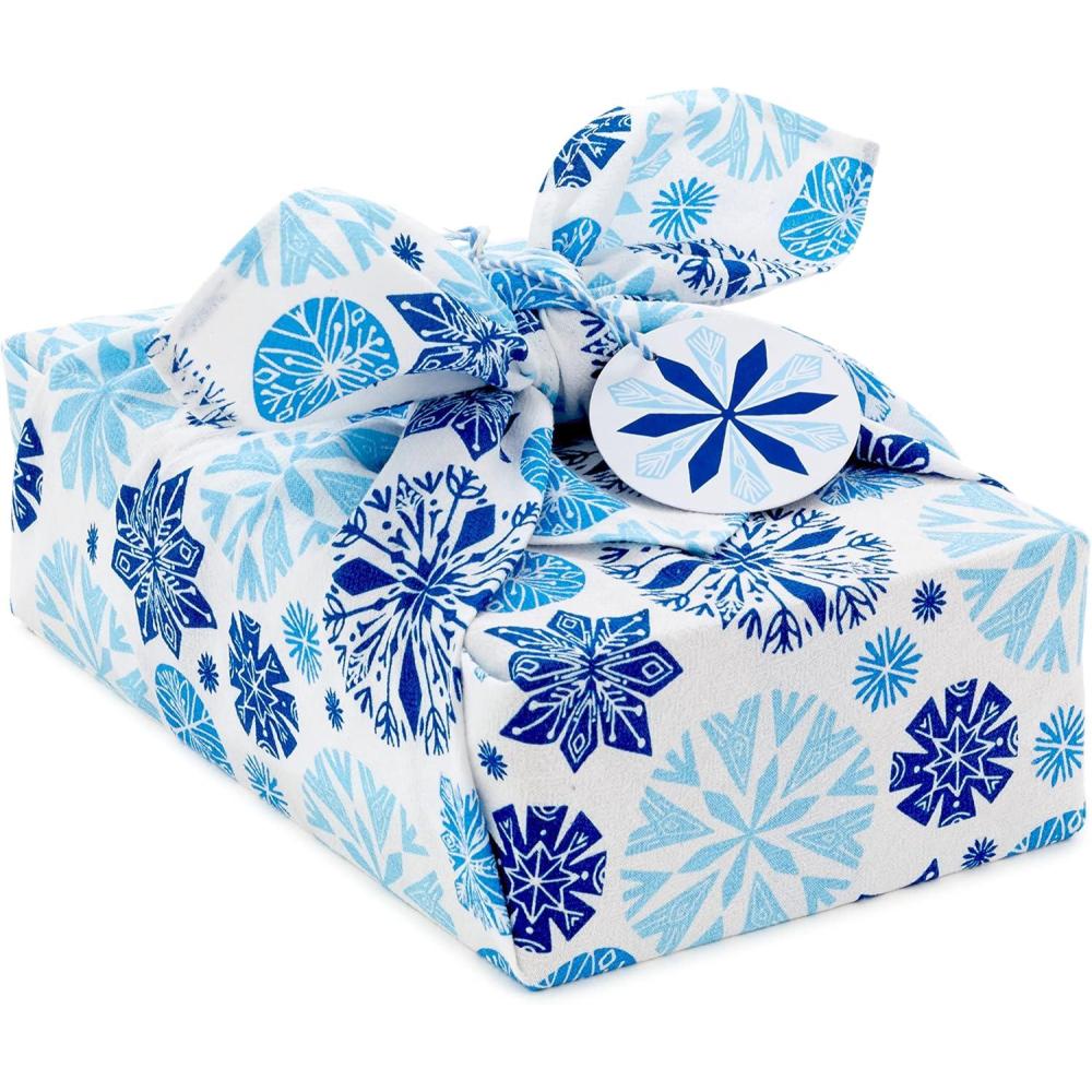 imageHallmark 26quot Reusable Christmas Gift Wrap 1 Fabric Wrap Blue Snowflakes on Natural Cotton for Holiday Parties Hanukkah Winter WeddingsBlue Snowflakes