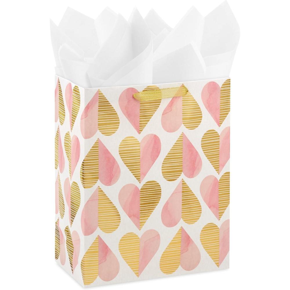 imageHallmark 9quot Medium Gift Bag with Tissue Paper Flowers and Butterflies Turquoise and Yellow for Birthdays Mothers Day Bridal Showers Baby Showers and MorePink and Gold Hearts