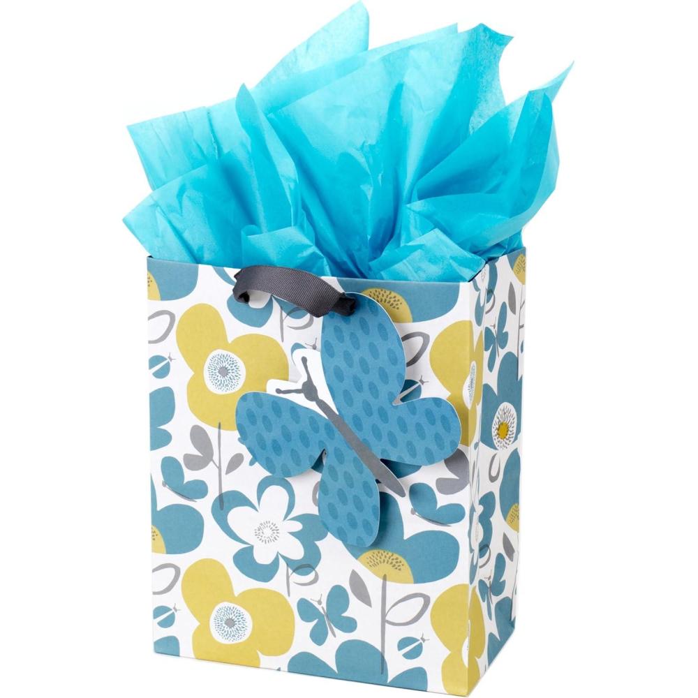 imageHallmark 9quot Medium Gift Bag with Tissue Paper Flowers and Butterflies Turquoise and Yellow for Birthdays Mothers Day Bridal Showers Baby Showers and MoreFlowers and Butterflies