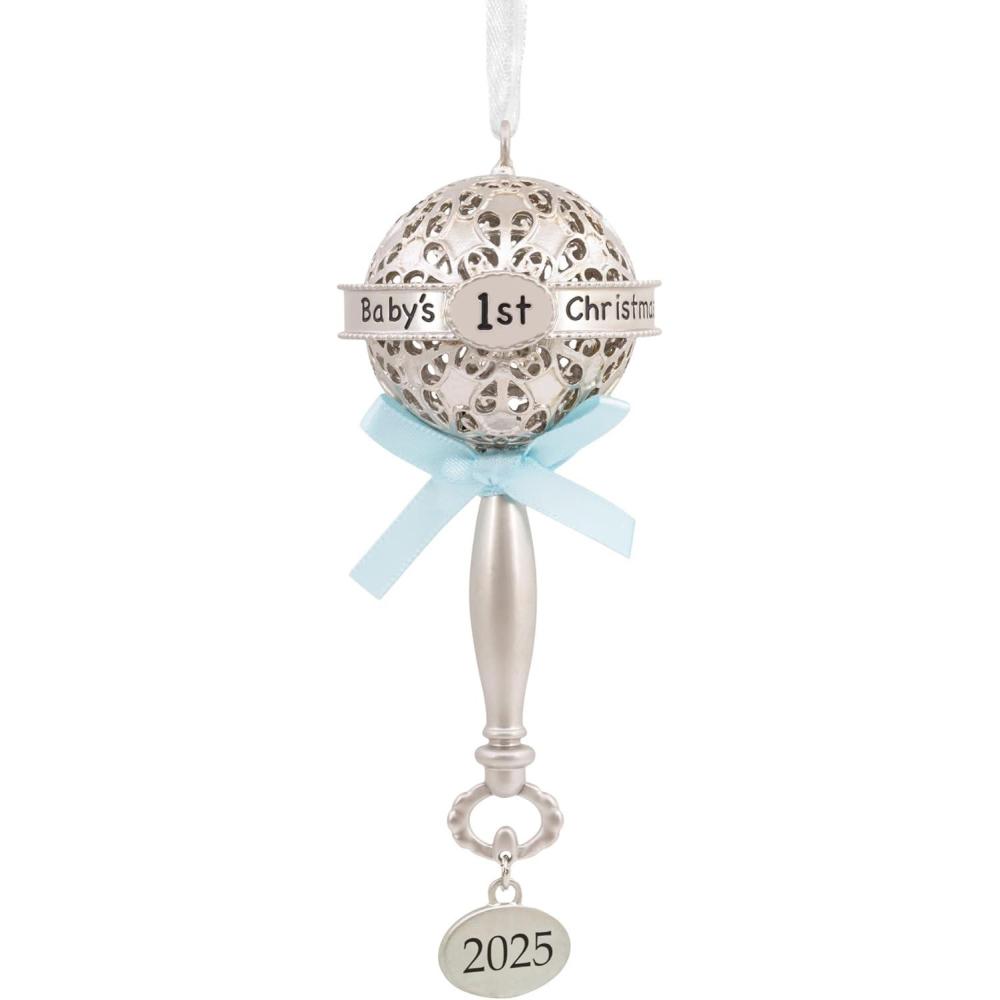 imageHallmark Babys First Christmas Silver Rattle with Blue Ribbon 2025 Christmas Ornament Metal New Baby Gifts