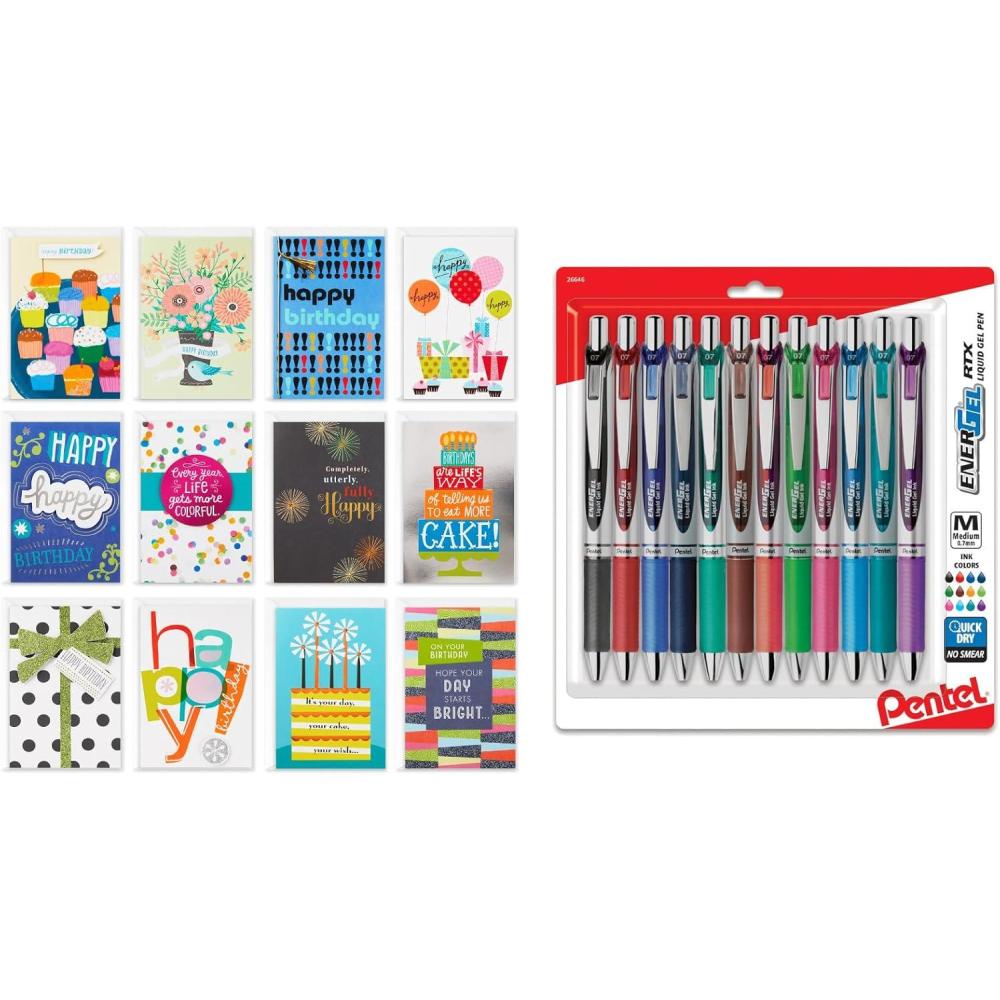 imageHallmark Birthday Cards Assorted 12 Count with Envelopes and Pentel EnerGel RTX Retractable Liquid Gel Pens Pack of 12