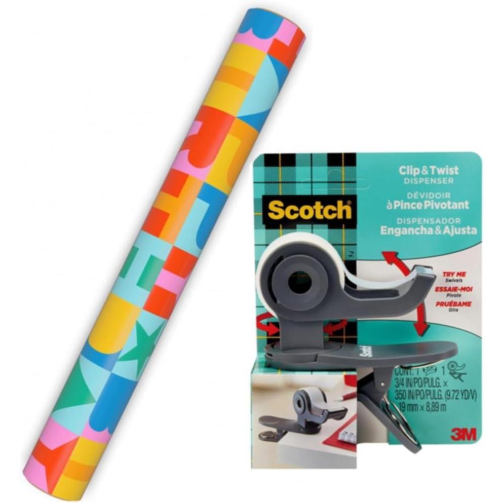 imageHallmark Birthday Wrapping Paper and Scotch Clip and Twist Desktop Tape Dispenser 1 Mini Gift Wrap Roll with 1 Roll of Scotch Magic Tape Rainbow Block Letters