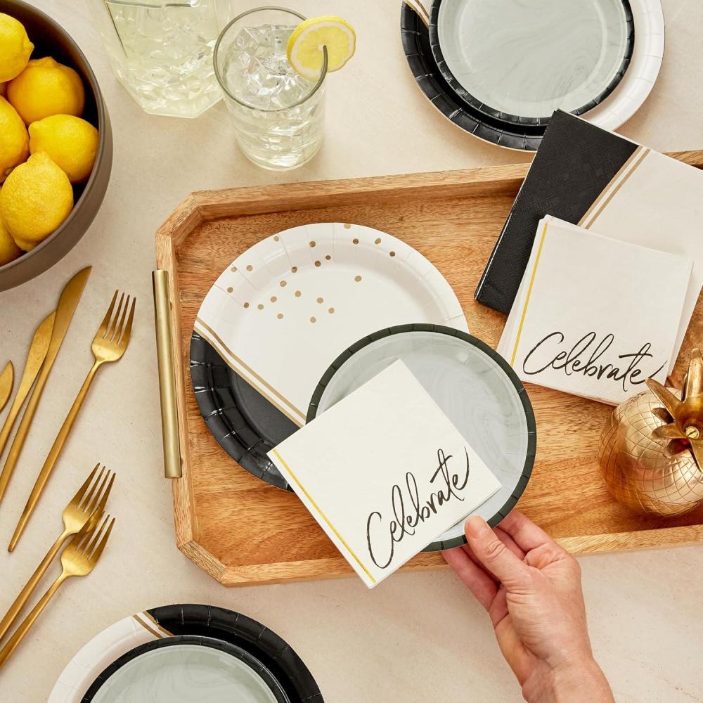 imageHallmark Black and Gold Party Supplies 16 Round Dinner Plates 16 Round Dessert Plates 16 Beverage Napkins 16 Dinner Napkins for Weddings Graduations EngagementsChic Black Ivory Gold