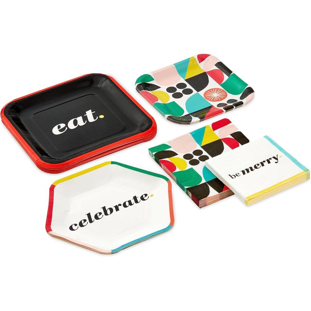 imageHallmark Bold Black White and Red Party Supplies 16 Dinner Plates 8 Square Dessert Plates 8 Hexagonal Dessert Plates 16 Dinner Napkins 16 Beverage Napkins quotEat Celebrate Be Merryquot