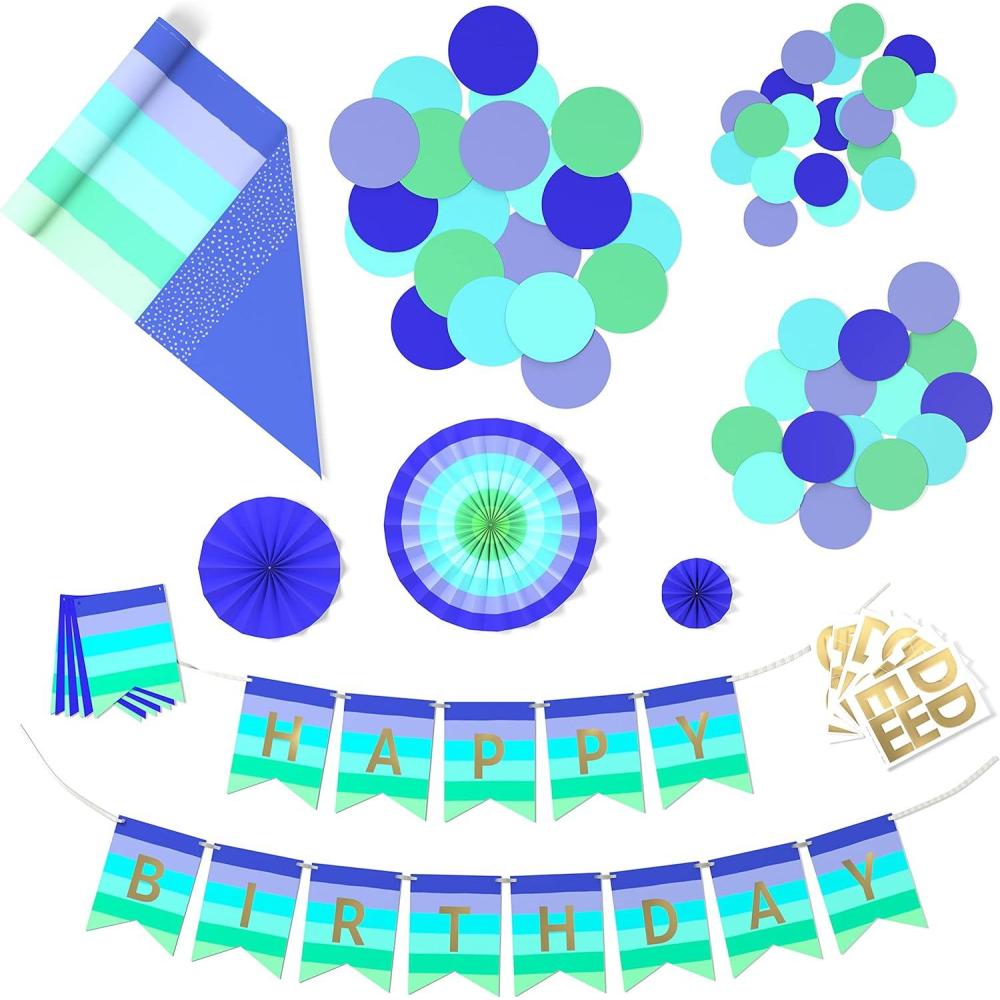 imageHallmark Crayola Hallmark Color Pop Party Decorations Set  Aquamarine Blue and Gold Customizable Banner Reversible Table Runner Paper Fan Flowers Paper Dots for Birthdays Baby Showers HolidaysIndigo  Aquamarine Blue  Sea Green