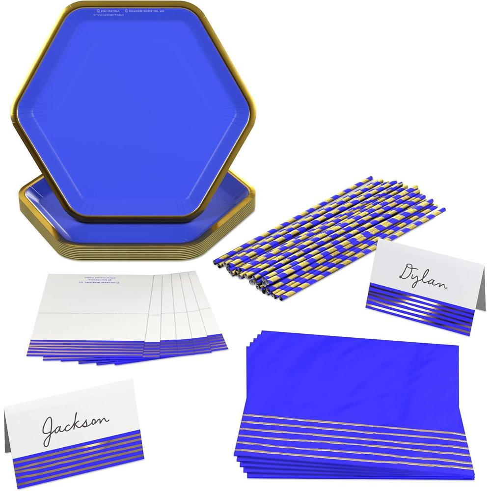 imageHallmark Crayola Hallmark Color Pop Tickle Me Pink and Gold Heart Party Supplies 12 Paper Plates 12 Paper Straws 12 Place cards 24 Napkins for Birthdays Bridal Showers Valentines DayIndigo Blue and Metallic Gold Foil