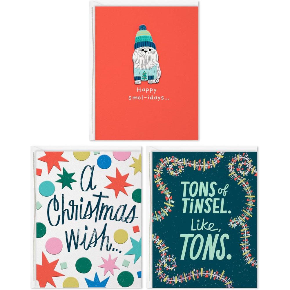 imageHallmark Good Mail Cute Christmas Cards 3 Cards with Envelopes Favorite Bish Smolidays Tons of TinselSmolidays  3 Assorted Cards with Envelopes