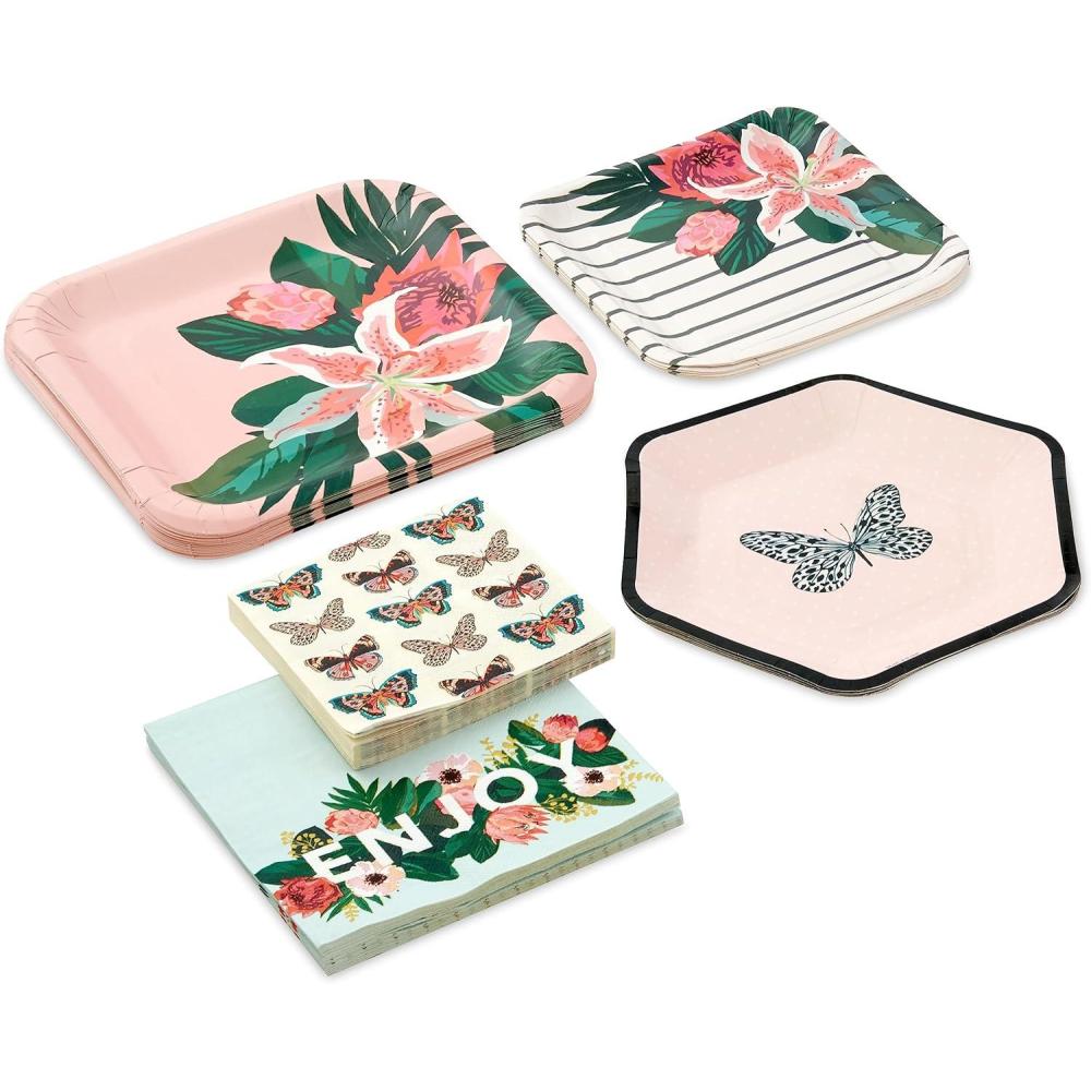 imageHallmark Pink and Green Party Supplies 16 Dinner Plates 8 Square Dessert Plates 8 Hexagonal Dessert Plates 16 Dinner Napkins 16 Beverage Napkins Butterflies Pink Flowers Stripes