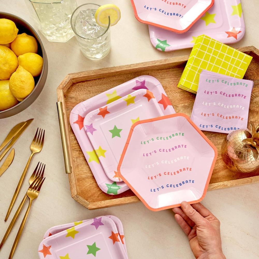 imageHallmark Pink and Yellow Party Supplies 16 Square Dinner Plates 8 Square Dessert Plates 8 Hexagonal Dessert Plates 32 Beverage Napkins for Birthdays Bridal Showers Graduations