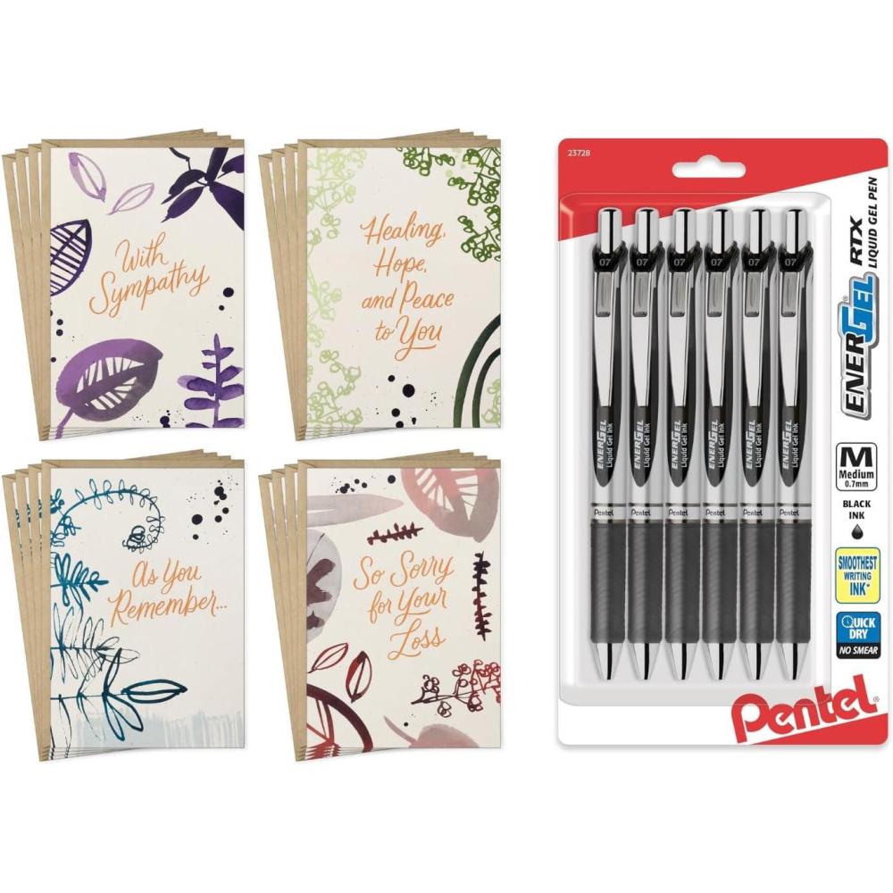 imageHallmark Sympathy Cards Assortment Nature 16 Count with Envelopes and Pentel EnerGel RTX Retractable Liquid Gel Pen Pack of 6