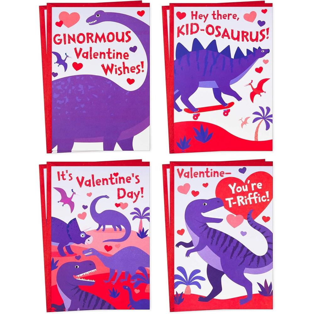 imageHallmark Valentines Day Cards for Kids School Dinosaurs 8 Classroom Valentines with EnvelopesPurple and Red