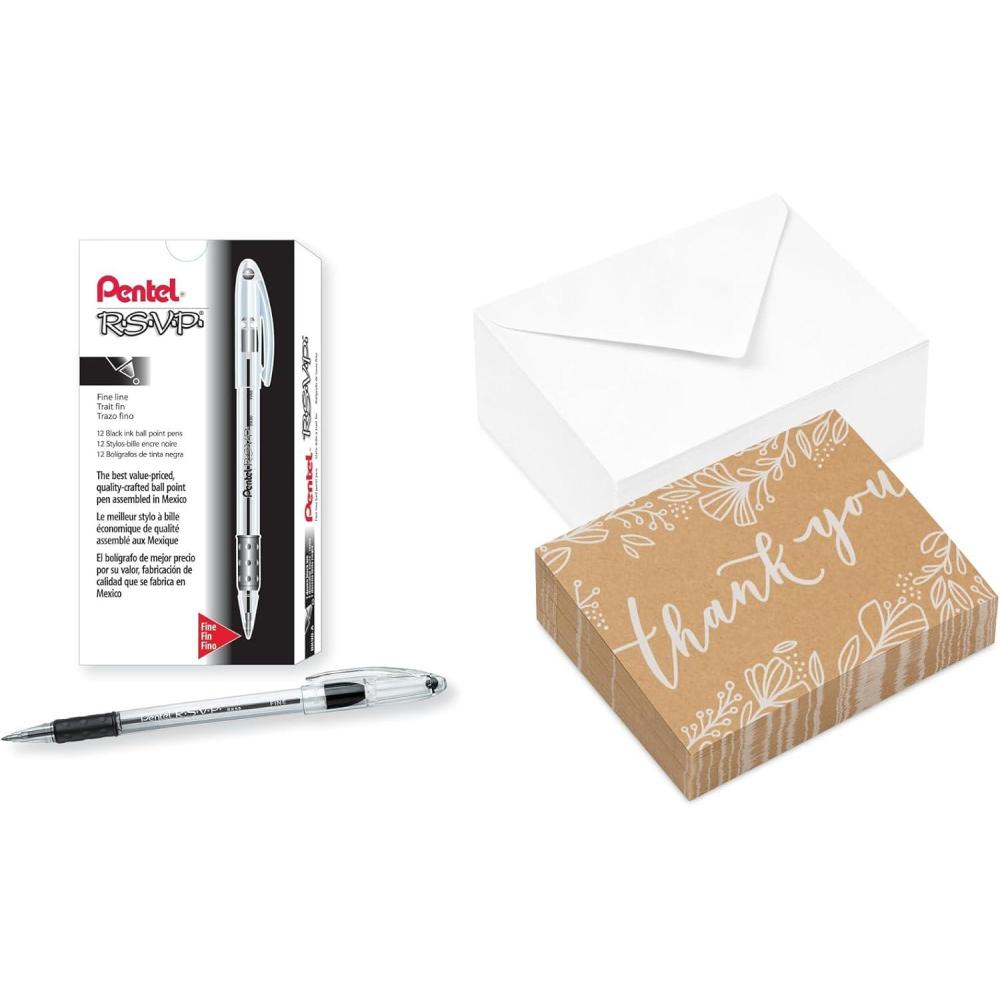 imagePentel RSVP Ballpoint Pens Pack of 12 and Hallmark Bulk Kraft Thank You Notes 100 Count with Envelopes for Weddings Bridal Showers Engagements Any Occasion
