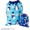 Hallmark Blue Drawstring Gift Bag Bundle (2 Fabric Gift Bags: 1 Medium 10″, 1 Large 19″) Snowmen, Penguins, Snowflakes for Christmas, Hanukkah, Holidays, Birthdays(Blue Holiday Fabric Bag)