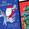 Hallmark and Venmo Christmas Cards (2 Cards with Envelopes) Santa with Unicorn, Rainbow Christmas Tree
