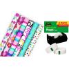 Hallmark Birthday Wrapping Paper Rolls and Scotch Magic Tape (Set of 6 Gift Wrap Rolls with 6 Rolls of Tape) Flowers, Stripes, Pink, Teal and Black Polka Dots(Wrapping Paper & Scotch Magic Tape)