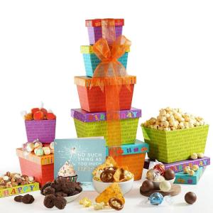 Broadway Basketeers Birthday Gift Tower with Snacks, Chocolate & Hallmark Best Birthday Ever Card