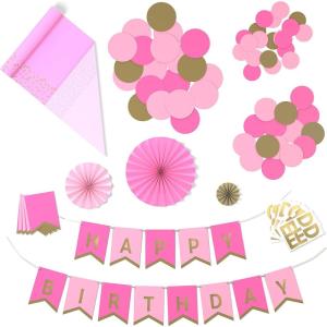 Crayola Color Pop Party Decorations Set – Red, Orange, Pink, Yellow (Customizable Banner, Reversible Table Runner, Paper Fan Flowers, Paper Dots) for Birthdays, Holidays, Celebrations(Tickle Me Pink and Gold)