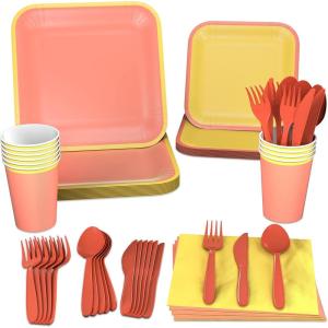 Crayola Color Pop Yellow and Orange Party Supplies (12 Dinner Plates, 12 Dessert Plates, 12 Paper Cups, 24 Napkins, 12 Sets of Plastic Cutlery) for Birthdays, Back to School, Halloween(Melon Orange  Golden Rod Yellow)