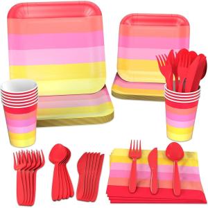 Crayola Color Pop Yellow and Orange Party Supplies (12 Dinner Plates, 12 Dessert Plates, 12 Paper Cups, 24 Napkins, 12 Sets of Plastic Cutlery) for Birthdays, Back to School, Halloween(Scarlet Red  Tickle Me Pink  Melon  Golden Rod)