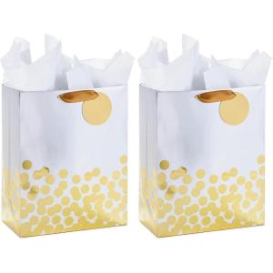 Hallmark 17″ Extra Large Gift Bag with Tissue Paper (White with Gold Polka Dots) for Christmas, Hanukkah, Weddings, Engagements, Bridal Showers, Graduations, Retirements, Birthdays, Valentine’s Day(Large (Pack of 2))