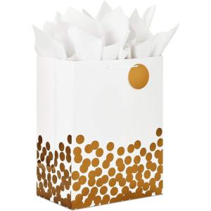 Hallmark 17″ Extra Large Gift Bag with Tissue Paper (White with Gold Polka Dots) for Christmas, Hanukkah, Weddings, Engagements, Bridal Showers, Graduations, Retirements, Birthdays, Valentine’s Day(X-Large (Pack of 1))
