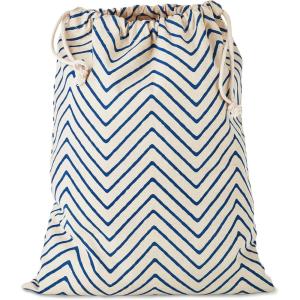 Hallmark 19″ Large Fabric Drawstring Gift Bag (Ivory and Blue Chevron Stripe) for Christmas, Hanukkah, Birthdays, Father’s Day