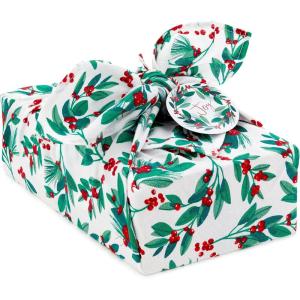 Hallmark 26″ Reusable Christmas Gift Wrap (1 Fabric Wrap: Blue Snowflakes on Natural Cotton) for Holiday Parties, Hanukkah, Winter Weddings(Green Foliage)