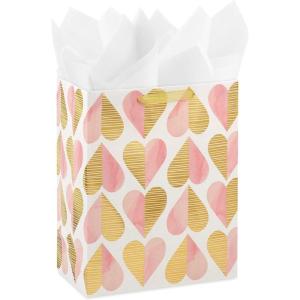 Hallmark 9″ Medium Gift Bag with Tissue Paper (Flowers and Butterflies; Turquoise and Yellow) for Birthdays, Mothers Day, Bridal Showers, Baby Showers and More(Pink and Gold Hearts)