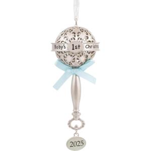 Hallmark Baby’s First Christmas Silver Rattle with Blue Ribbon 2025 Christmas Ornament, Metal, New Baby Gifts