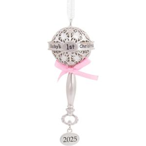 Hallmark Baby’s First Christmas Silver Rattle with Pink Ribbon 2025 Christmas Ornament, Metal, New Baby Gifts