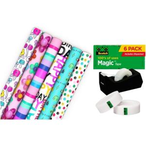 Hallmark Birthday Wrapping Paper Rolls and Scotch Magic Tape (Set of 6 Gift Wrap Rolls with 6 Rolls of Tape) Flowers, Stripes, Pink, Teal and Black Polka Dots(Wrapping Paper & Scotch Magic Tape)