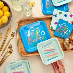 Hallmark Blue and Mint Green Birthday Party Supplies (16 Square Dinner Plates, 16 Square Dessert Plates, 16 Beverage Napkins, 16 Dinner Napkins) Stars and Candles