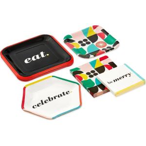 Hallmark Bold Black, White and Red Party Supplies (16 Dinner Plates, 8 Square Dessert Plates, 8 Hexagonal Dessert Plates, 16 Dinner Napkins, 16 Beverage Napkins) “Eat, Celebrate, Be Merry”