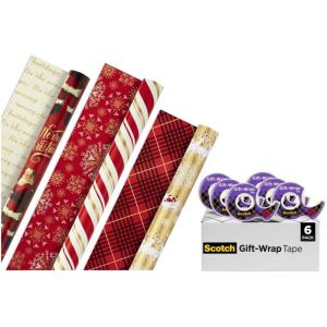 Hallmark Christmas Wrapping Paper Rolls and Scotch Gift-Wrap Tape (Set of 3 Reversible Gift Wrap Rolls with 6 Rolls of Tape) Traditional Holiday – Santa, Red and Gold Snowflakes, Stripes, Plaid
