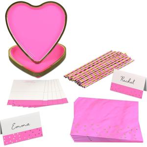 Hallmark Crayola Hallmark Color Pop Tickle Me Pink and Gold Heart Party Supplies (12 Paper Plates, 12 Paper Straws, 12 Place cards, 24 Napkins) for Birthdays, Bridal Showers, Valentine’s Day(Tickle Me Pink  Metallic Gold Foil)