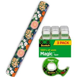 Hallmark Floral Wrapping Paper Roll and Scotch Magic Tape (1 Mini Gift Wrap Roll with 3 Rolls of Tape) Wildflowers for Birthdays, Bridal Showers, Baby Showers, Any Occasion
