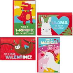 Hallmark Mini Valentines Day Cards for Kids School, Llama, Sloth, Dinosaur, Unicorn (32 Classroom Valentines with Envelopes)(Kid Animal Puns Folded Mini Valentines)
