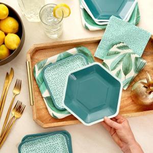 Hallmark Palm Leaves Party Supplies (16 Square Dinner Plates, 8 Square Dessert Plates, 8 Hexagonal Dessert Plates, 16 Dinner Napkins, 16 Beverage Napkins) Plants, Polka Dots, Dark Green