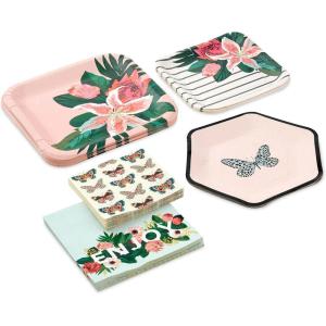 Hallmark Pink and Green Party Supplies (16 Dinner Plates, 8 Square Dessert Plates, 8 Hexagonal Dessert Plates, 16 Dinner Napkins, 16 Beverage Napkins) Butterflies, Pink Flowers, Stripes