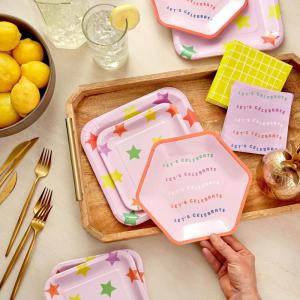 Hallmark Pink and Yellow Party Supplies (16 Square Dinner Plates, 8 Square Dessert Plates, 8 Hexagonal Dessert Plates, 32 Beverage Napkins) for Birthdays, Bridal Showers, Graduations