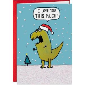 Hallmark Shoebox Funny Christmas Card (T-Rex I Love You THIS Much) Dinosaur with Santa Hat(Funny T-Rex  Love You THIS Much Card)