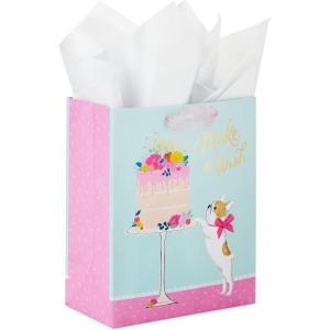 Hallmark Signature Studio 7″ Medium Square Birthday Gift Bag with Tissue Paper (Blush Pink, Gold Foil Happy Birthday) for Wife, Daughter, Sister, Aunt, Teen(Dog with Cake)