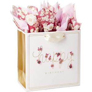 Hallmark Signature Studio 7″ Medium Square Birthday Gift Bag with Tissue Paper (Blush Pink, Gold Foil Happy Birthday) for Wife, Daughter, Sister, Aunt, Teen(Pink Flowers)
