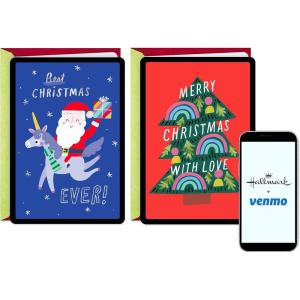 Hallmark and Venmo Christmas Cards (2 Cards with Envelopes) Santa with Unicorn, Rainbow Christmas Tree