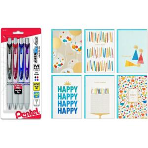 Pentel EnerGel Pearl RTX Retractable Liquid Gel Pens (Pack of 4) and Hallmark Birthday Cards Assortment (36 Count with Envelopes)